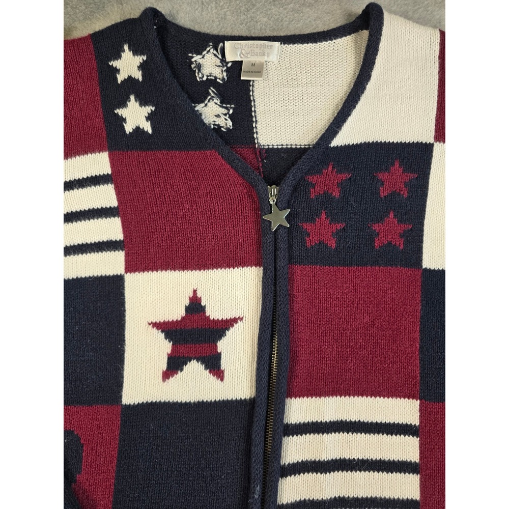 Y2K Christopher & Banks Zip Knit Cardigan Womens M USA Americana Patchwork Star - Picture 4 of 14